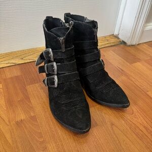 Black Suede Ankle Boots with Buckle Detail